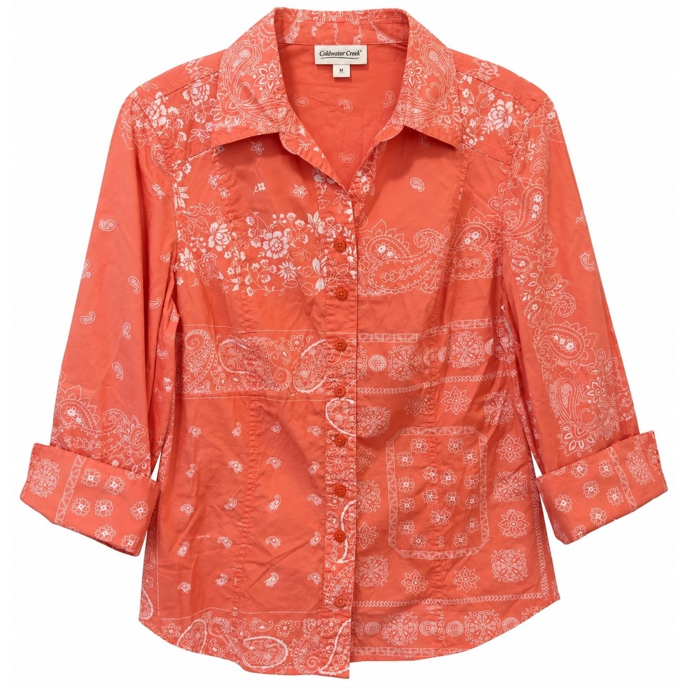 Coldwater Creek Women's M Coral Bandana Paisley Button Down Shirt Y2K Western